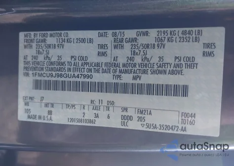 2016 Ford Escape Titanium из США, поврежденный, VIN 1FMCU9J98GUA47990